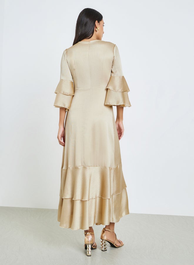 Styli Beige Flute Sleeves A-Line Maxi Dress - Image 3