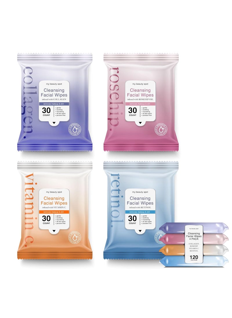 My Beauty Spot My Beauty Spot 4 Pack Face Wipes for Women Cleansing Makeup Remover Wipes with Vitamin C Collagen Retinol Rosehip Oil  120 Pcs Face Cleansing Wipes 