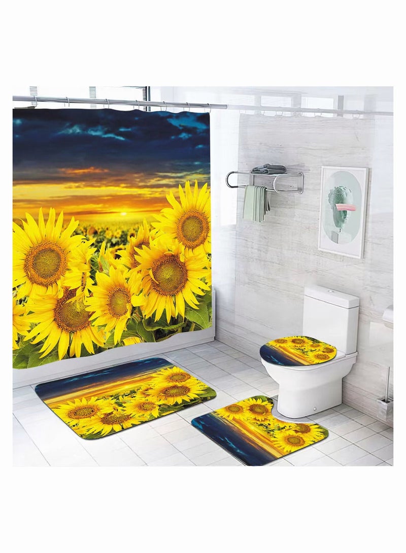 4-Pieces/Set Bathroom Household Supplies,Sunflower Pattern Bathroom Suit,Shower Curtain/Pedestal Rug/Toilet Lid Cover/Bath Mat Decor Set - Image 1