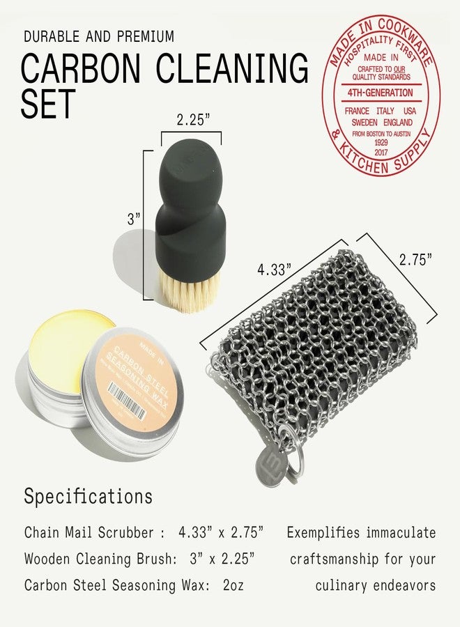 Madein Made In Cookware | 3-Piece Carbon Steel Cleaning Set | Includes Chain Mail Scrubber, Cleaning Brush and Carbon Steel Seasoning Wax - Image 3