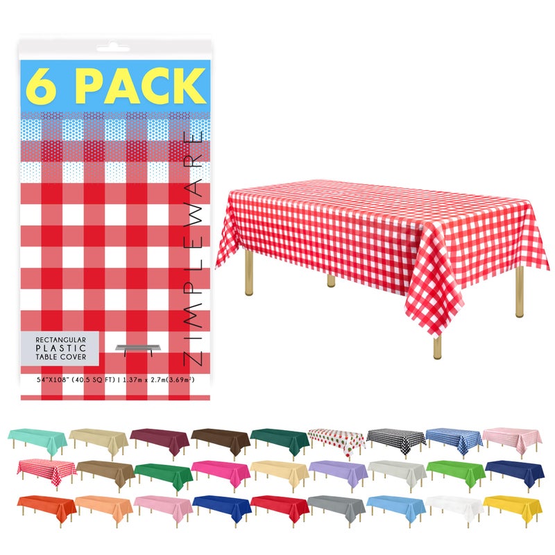 ZIMPLEWARE Premium Red Gingham Checkered Plastic Table Cloth Disposable 6 Pk Plastic Tablecloths for Rectangle Tables 54in x 108in Party Table Cloths Disposable for 6ft to 8ft Rectangle Tables