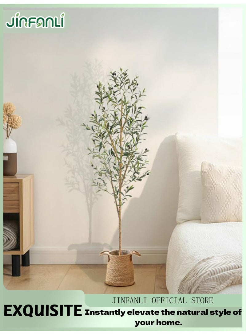 جين فان ل أنا شجرة زيتون اصطناعية، ارتفاع 150 سم، نبات حريري صناعي، لتزيين المنزل والمكتب، شجرة مزيفة مزروعة في وعاء داخلي، جذع خشبي طبيعي وفواكه طبيعية (أخضر، 150 سم) - Image 1