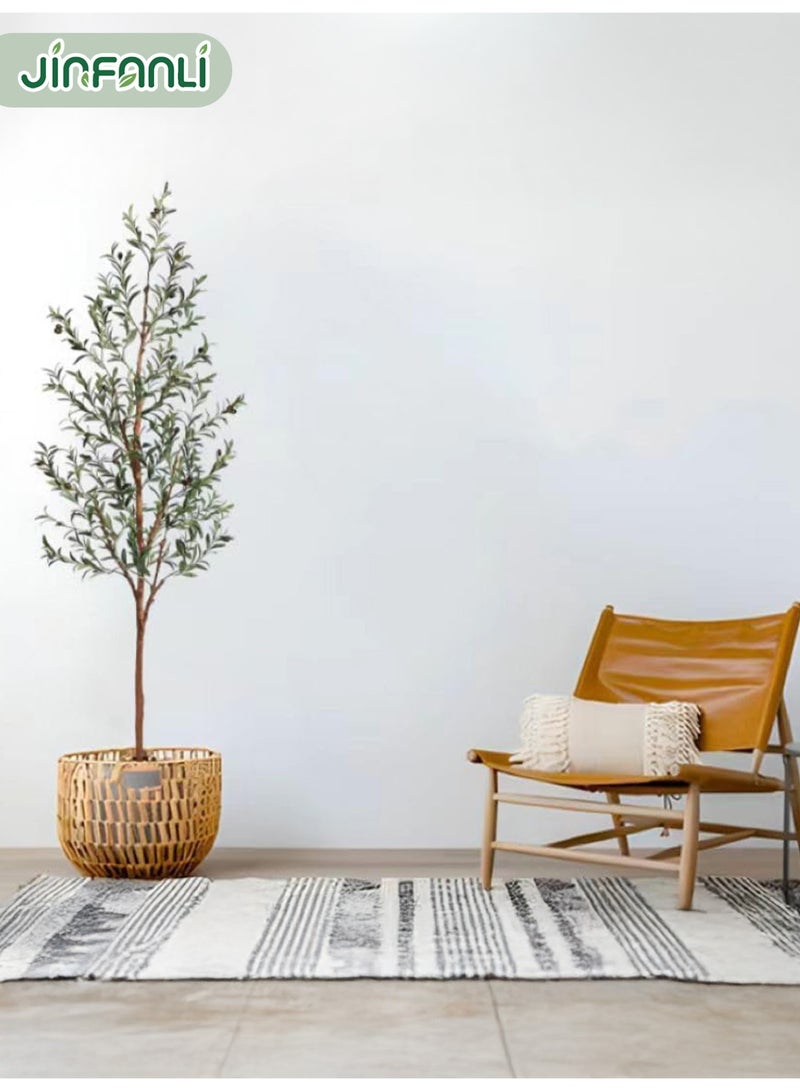 جين فان ل أنا شجرة زيتون اصطناعية، ارتفاع 150 سم، نبات حريري صناعي، لتزيين المنزل والمكتب، شجرة مزيفة مزروعة في وعاء داخلي، جذع خشبي طبيعي وفواكه طبيعية (أخضر، 150 سم) - Image 5