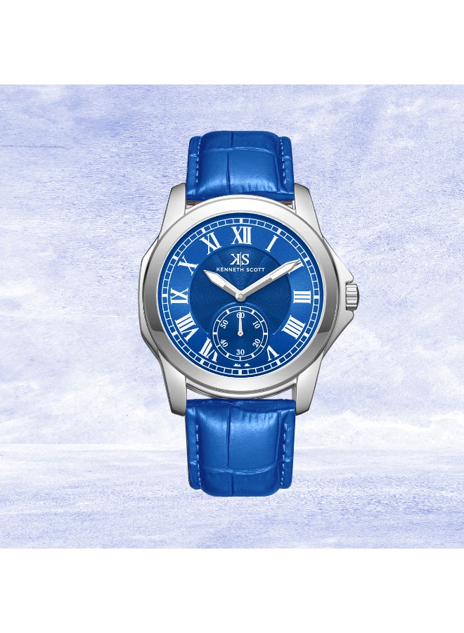 KENNETH SCOTT Men's Analog Display Watch With Blue Leather  Strap - K24018-SLNN - Image 1