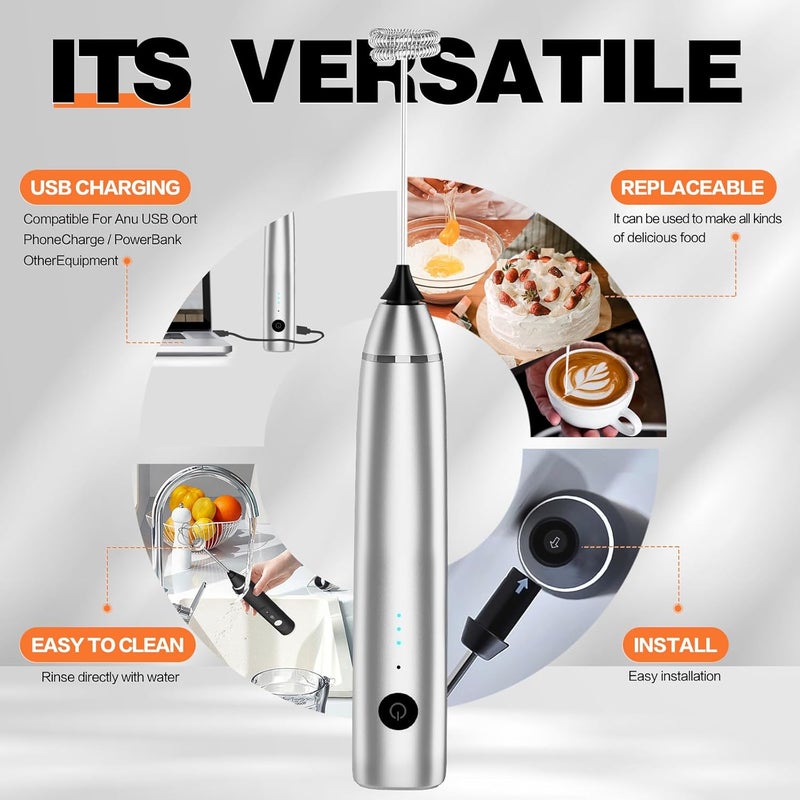 Laposso Milk Frother Rechargeable Handheld Electric Whisk Coffee Frother Mixer with 2 Stainless whisks 3 Speed Adjustable Foam Maker Blender for Coffee Matcha Latte Cappuccino Hot Chocolate(Gray) - Image 5