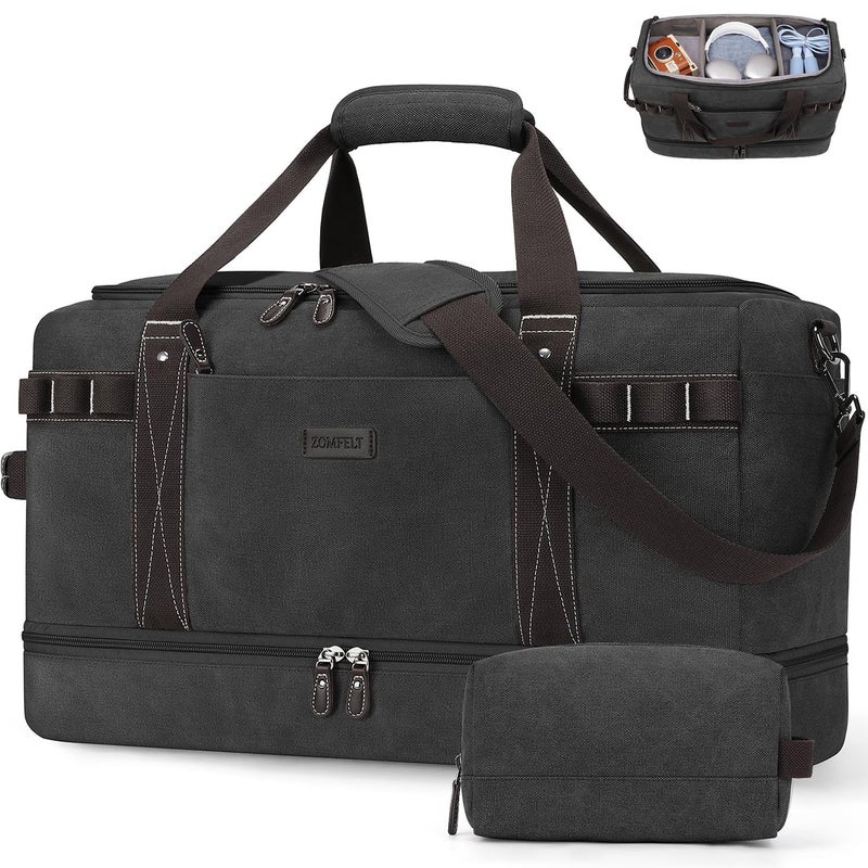 ZOMFELT Travel Duffle Bag for Men, 45L Carry On Luggage 22x14x9 Airline Approved, Waterproof Canvas Overnight Duffel Bag with Removable Dividers, Weekender Gym bag with Shoe Pocket (Washed Black) - Image 1