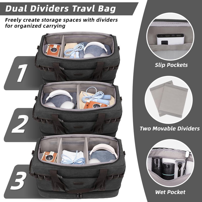 ZOMFELT Travel Duffle Bag for Men, 45L Carry On Luggage 22x14x9 Airline Approved, Waterproof Canvas Overnight Duffel Bag with Removable Dividers, Weekender Gym bag with Shoe Pocket (Washed Black) - Image 4