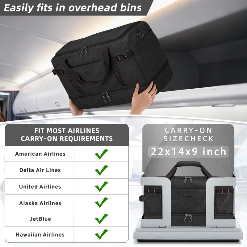 ZOMFELT Travel Duffle Bag for Men, 45L Carry On Luggage 22x14x9 Airline Approved, Waterproof Canvas Overnight Duffel Bag with Removable Dividers, Weekender Gym bag with Shoe Pocket (Washed Black) - Image 2