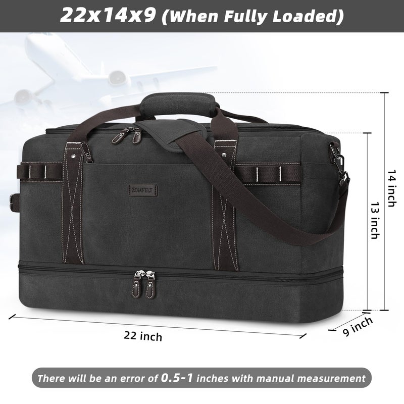 ZOMFELT Travel Duffle Bag for Men, 45L Carry On Luggage 22x14x9 Airline Approved, Waterproof Canvas Overnight Duffel Bag with Removable Dividers, Weekender Gym bag with Shoe Pocket (Washed Black) - Image 3
