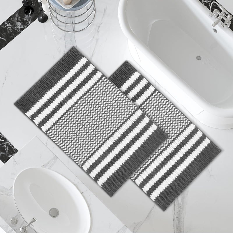 Tindbea Bathroom Rugs Set 2 Piece Extra Soft and Absorbent Fluffy Striped Chenille Bath Mat Rug Set Non Slip Bathroom Floor Mat Machine Washable 20 x 32 Plus 20 x 32 Dark Gray