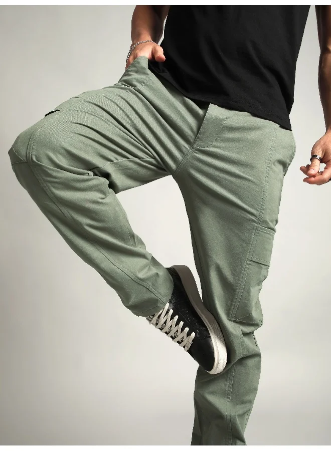 Beyoung Sage Green Elasticated Cut and Sew Cargo Pants