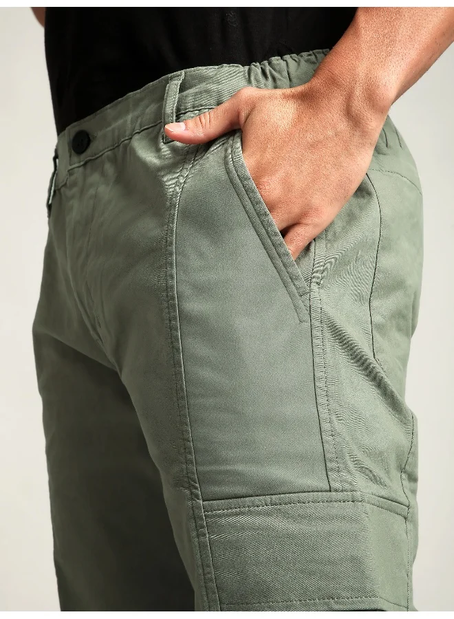 Beyoung Sage Green Elasticated Cut and Sew Cargo Pants