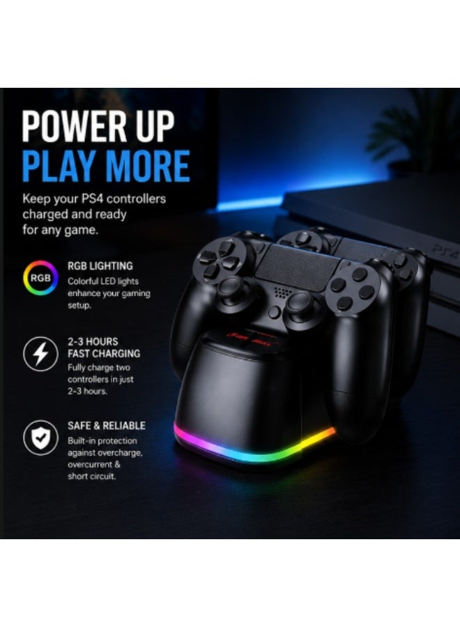 دايد سكل ستاند شحن مزدوج DeadSkull ليد تحكم PS4 – قاعدة شحن ليدين مع إضاءة RGB LED – شحن سريع خلال 2–3 ساعات - Image 1