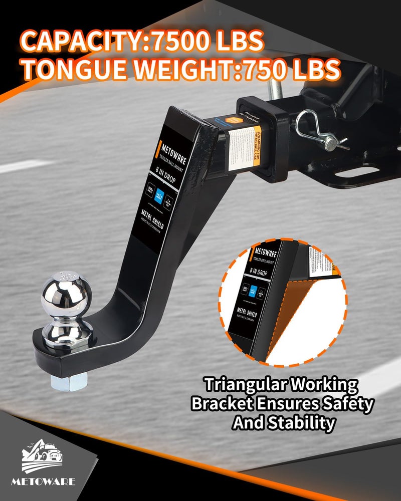 METOWARE Trailer Hitch Ball Mount with 2-Inch Ball & 5/8" Hitch Pin Clip, Fits 2-Inch Receiver, 7500 lbs Capacity Ball Hitch, 8-Inch Drop, Black - Image 4