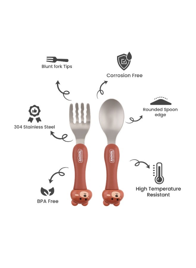 Cravista Stainless Steel Kids Cutlery Set with Case|Round Edge Kids Utensils BPA Free Handles|Fork & Spoon Cutlery Set for Lunch Box|Toddler Utensils Set | Animal Flatware Tableware with Portable Case (Brown) - Image 2