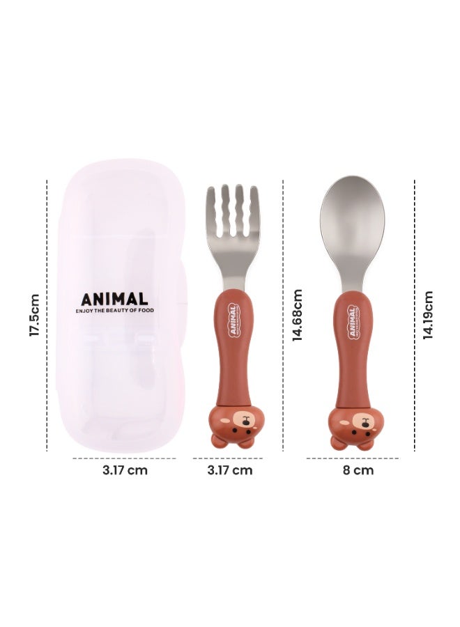 Cravista Stainless Steel Kids Cutlery Set with Case|Round Edge Kids Utensils BPA Free Handles|Fork & Spoon Cutlery Set for Lunch Box|Toddler Utensils Set | Animal Flatware Tableware with Portable Case (Brown) - Image 4