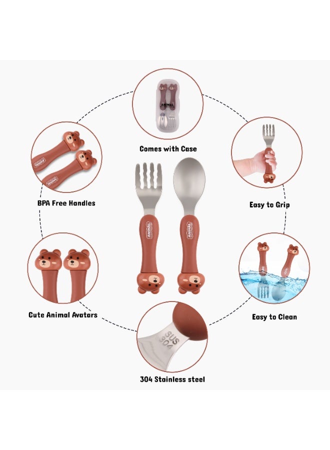 Cravista Stainless Steel Kids Cutlery Set with Case|Round Edge Kids Utensils BPA Free Handles|Fork & Spoon Cutlery Set for Lunch Box|Toddler Utensils Set | Animal Flatware Tableware with Portable Case (Brown) - Image 3