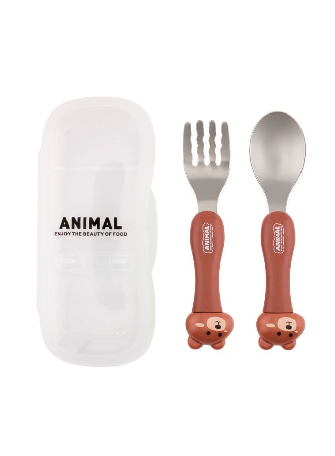 Cravista Stainless Steel Kids Cutlery Set with Case|Round Edge Kids Utensils BPA Free Handles|Fork & Spoon Cutlery Set for Lunch Box|Toddler Utensils Set | Animal Flatware Tableware with Portable Case (Brown) - Image 1
