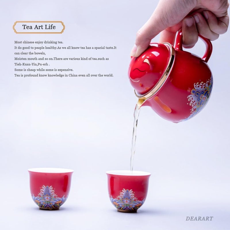 DEARART طقم أكواب شاي جميل من DEARART بسعة 108 أونصة مع كوب و 2 أكواب بفم واسع سهل التنظيف يحافظ على حرارة الشاي وينقع الشاي السائب في كيس شاي قطة لطيفة حمراء - Image 5