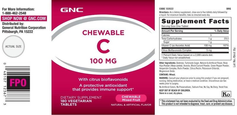 GNC GNC Chewable C 100 mg - Mixed Fruit Flavor - Image 3