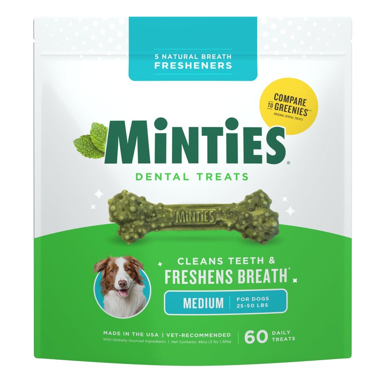 Minties Dental Chews for Dogs, 60 Count, Vet-Recommended Mint-Flavored Dental Dog Treats for Medium Dogs, Bones Clean Teeth, Fight Bad Breath, and Removes Plaque and Tartar - Image 1