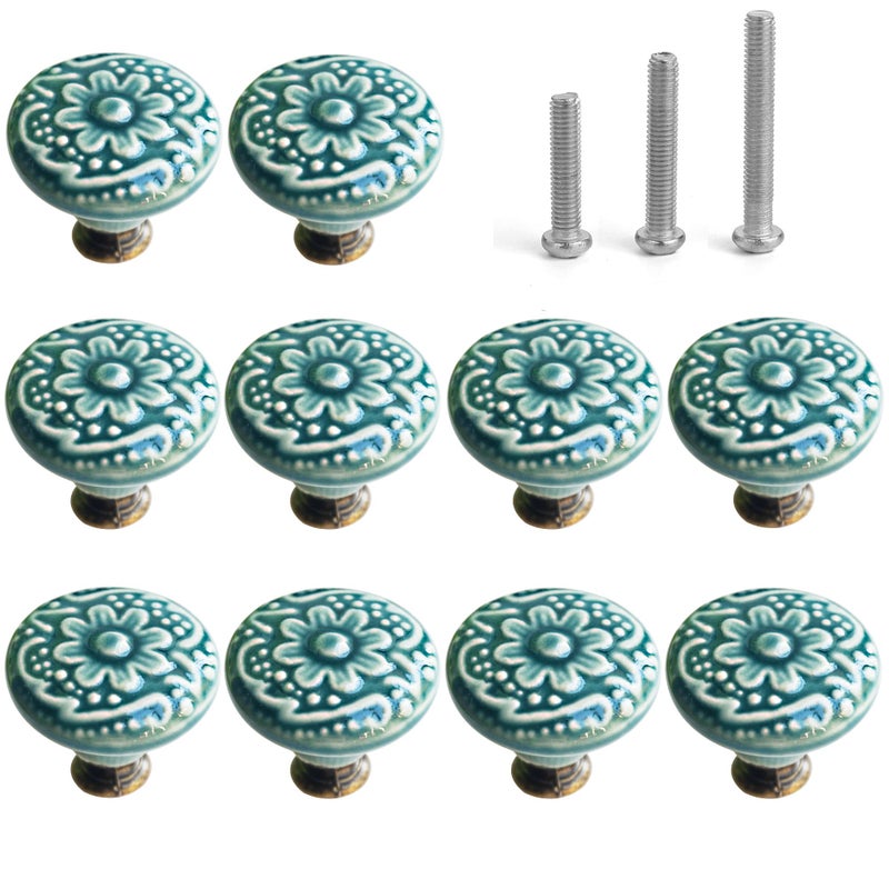 Perphin 125 inch Ceramic Kitchen Cabinet Knobs for Drawer Dresser Pulls Round Dresser Drawer Handles and Pulls for Home Furniture Decor Ceramic Handles with 3 Size Screws 10 Green