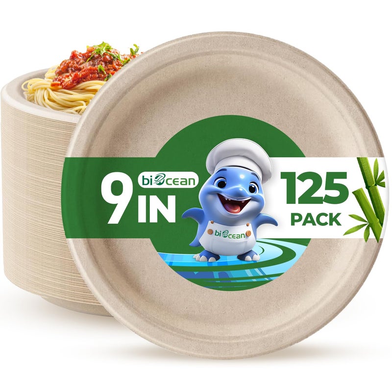 biocean 9 Inch Compostable Plates 125 Pack  Heavy Duty Brown Compostable Paper Plate Disposable EcoFriendly Sugarcane Bagasse Plates for Dinner Party and Weddings Round