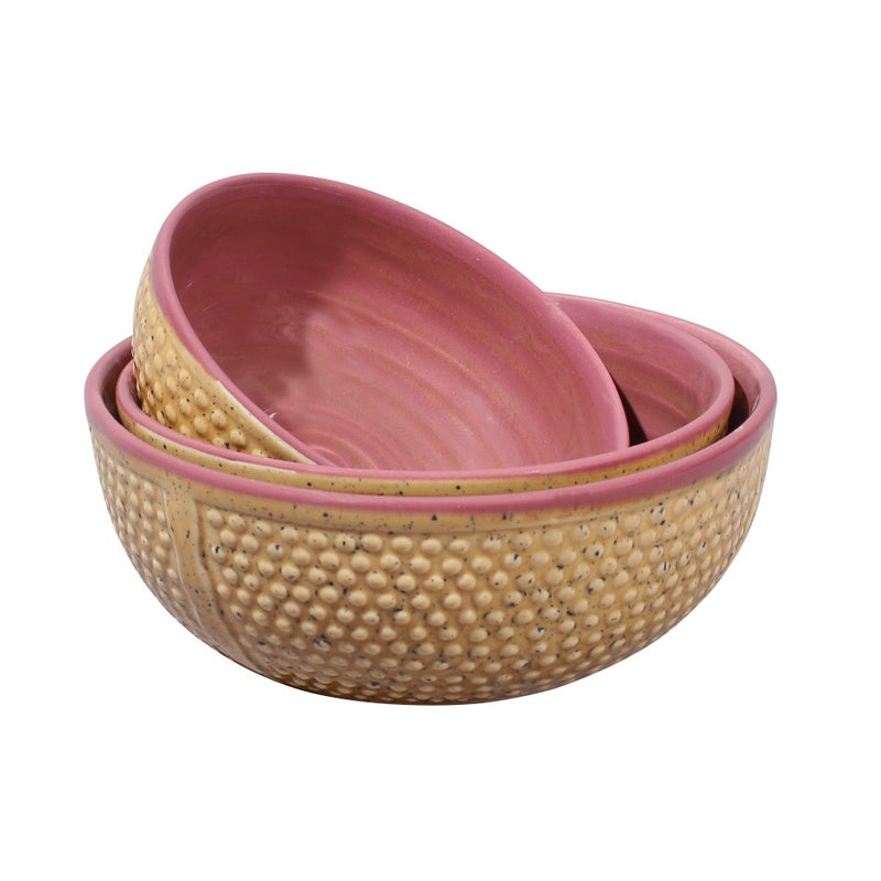 miah decor Miah Décor Stoneware/Handcrafted Dotted Surface Pattern Nestled Serving Bowls-Pack of 3|Microwave & Dishwasher Safe|MDCF-31|Brown and Burgandy - Image 2