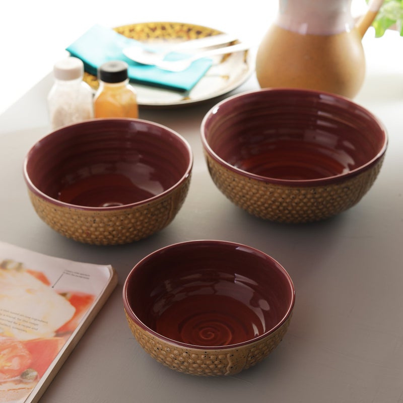 miah decor Miah Décor Stoneware/Handcrafted Dotted Surface Pattern Nestled Serving Bowls-Pack of 3|Microwave & Dishwasher Safe|MDCF-31|Brown and Burgandy - Image 1
