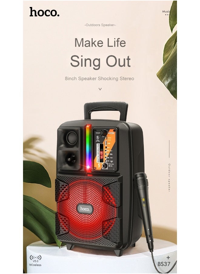 Hoco BS37 Portable Outdoor Bluetooth Speaker – Rugged Wireless Party Speaker with 8″ 15W Loud Audio, Bluetooth 5.0, TWS Stereo Pairing, FM/USB/AUX/TF Modes, Built‑in Microphone, Colourful LED Light Show, 1800 mAh Battery – Ideal for UAE Beach, Garden, Travel & Karaoke  - Image 5