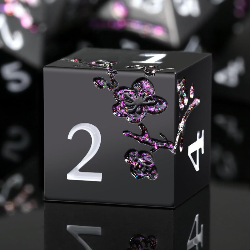 DNDND Glitter Purple Metal D&D Dice, 7 PCS Flower Metallic DND Dice Set with Gorgeous Gift Case for Dungeons and Dragon Tabletop Game (Matte Black with Glitter Purple Flower) - Image 1