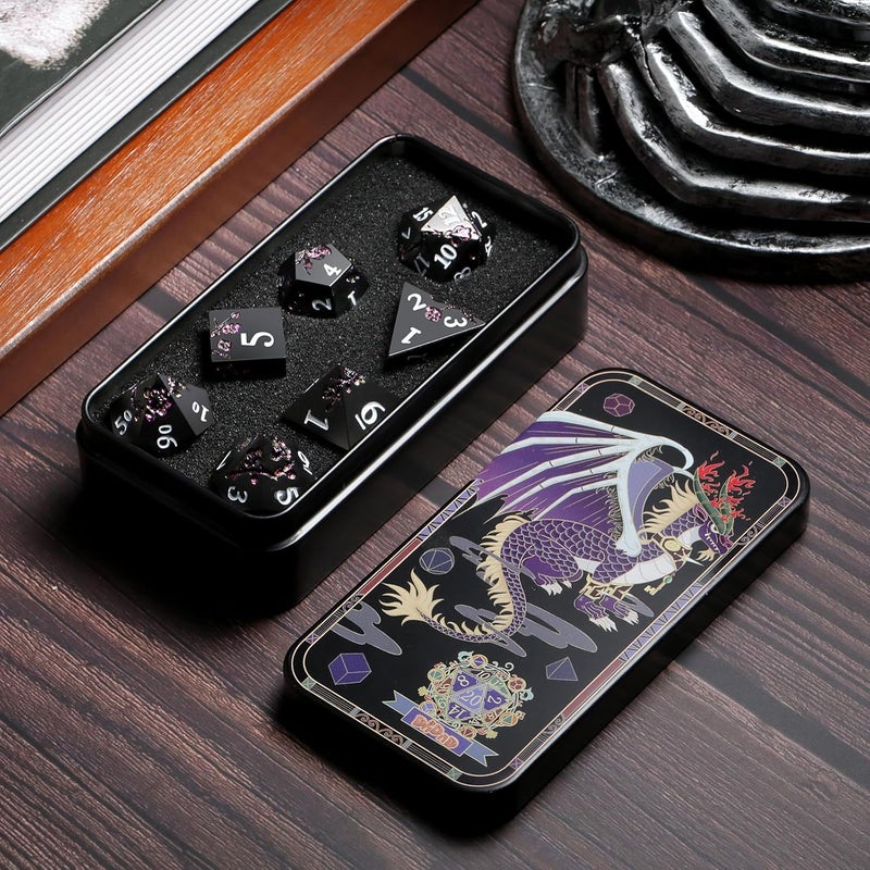 DNDND Glitter Purple Metal D&D Dice, 7 PCS Flower Metallic DND Dice Set with Gorgeous Gift Case for Dungeons and Dragon Tabletop Game (Matte Black with Glitter Purple Flower) - Image 4
