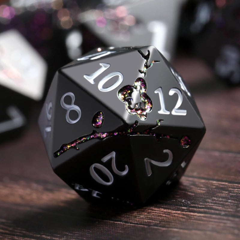DNDND Glitter Purple Metal D&D Dice, 7 PCS Flower Metallic DND Dice Set with Gorgeous Gift Case for Dungeons and Dragon Tabletop Game (Matte Black with Glitter Purple Flower) - Image 2