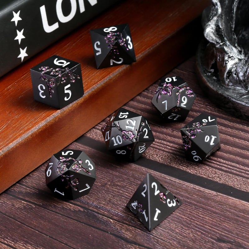 DNDND Glitter Purple Metal D&D Dice, 7 PCS Flower Metallic DND Dice Set with Gorgeous Gift Case for Dungeons and Dragon Tabletop Game (Matte Black with Glitter Purple Flower) - Image 3