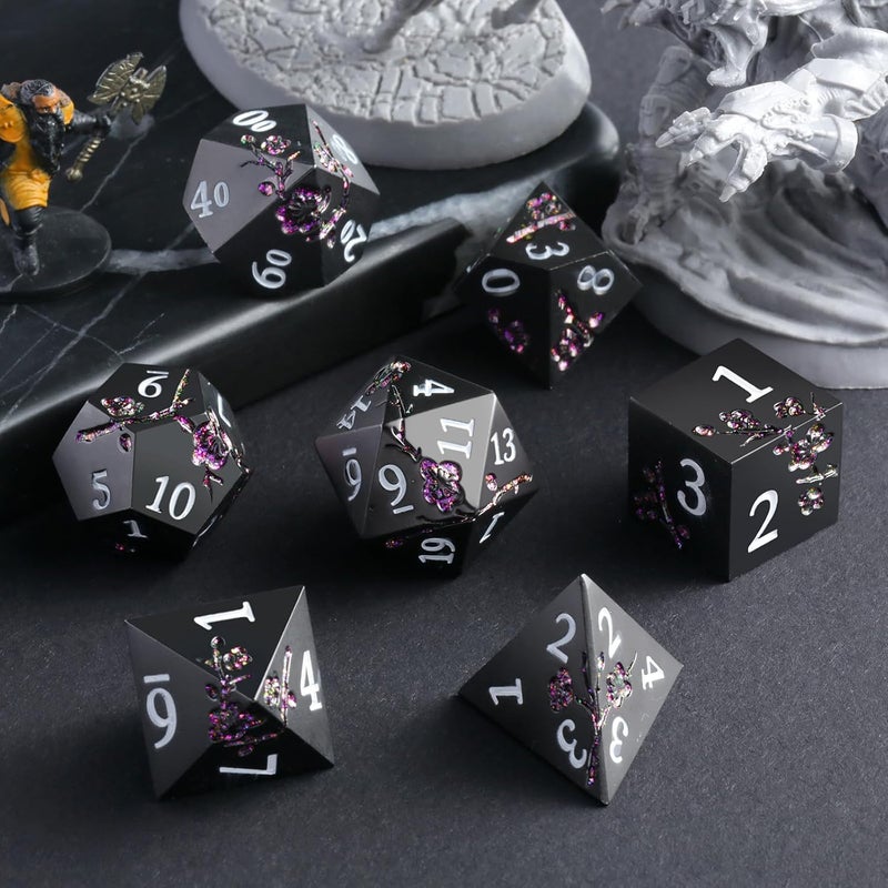 DNDND Glitter Purple Metal D&D Dice, 7 PCS Flower Metallic DND Dice Set with Gorgeous Gift Case for Dungeons and Dragon Tabletop Game (Matte Black with Glitter Purple Flower) - Image 5