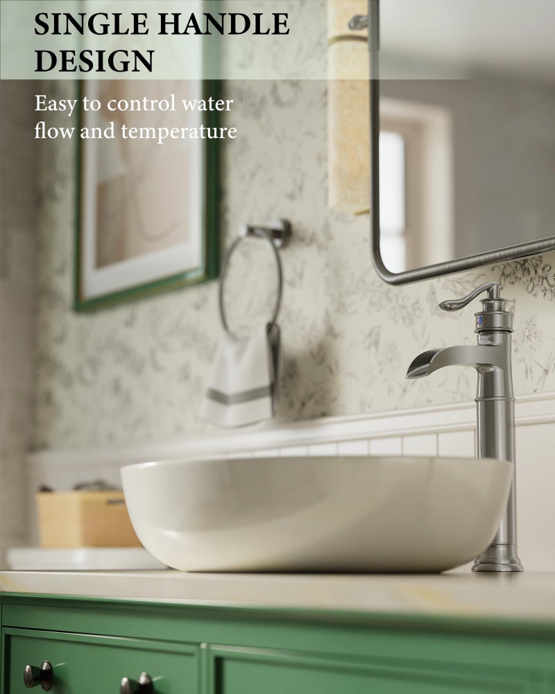 Homevacious Vessel Sink Faucet Tall Bathroom Faucets Waterfall Brushed Nickel Brass Single Handle 1 Hole with Pop Up Drain and Supply Line Farmhouse Lavatory Vanity - Image 3