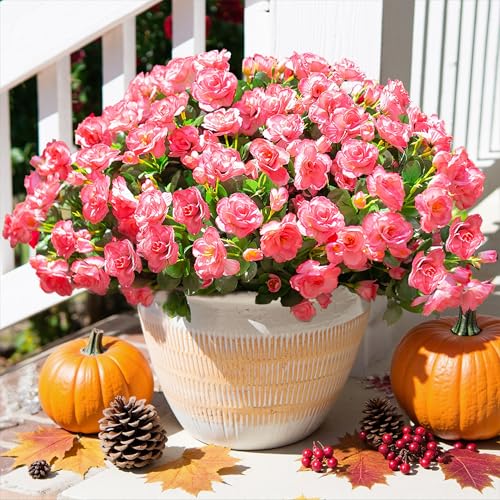 HyeFlora Artificial Faux Outdoor Flowers Plants for Spring Summer Decoration, Fake Silk Camellia UV Resistant Look Real for Planter Outside Front Door Porch Patio Balcony, 3 Large Bundles - Image 1