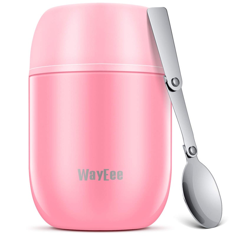 WayEee Food Flask Food Flask for Hot Food Stainless Steel Food Jar with Folding Spoon450ml Pink