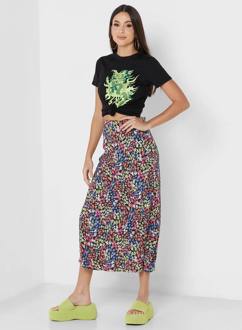 NASTY GAL Floral Print High Waist Skirt