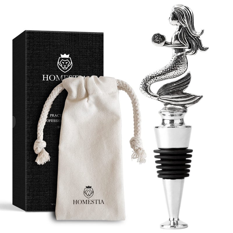 Homestia Wine Stoppers for Wine Bottles Mermaid Wine Beverage Bottle Stopper Stainless Steel Reusable Wine Corks with Silicone Seal Bottle Cover Leak proof Keep Fresh
