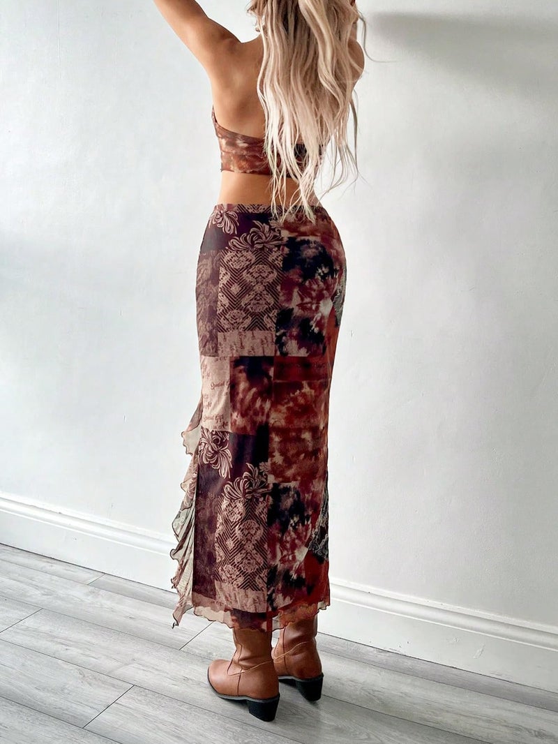 Verdusa Women's 2 Piece Boho Skirt Sets Going Out Backless Halter Top with Split Skirt Rave Festival Outfits Western Clothes Multicolor Large - Image 2
