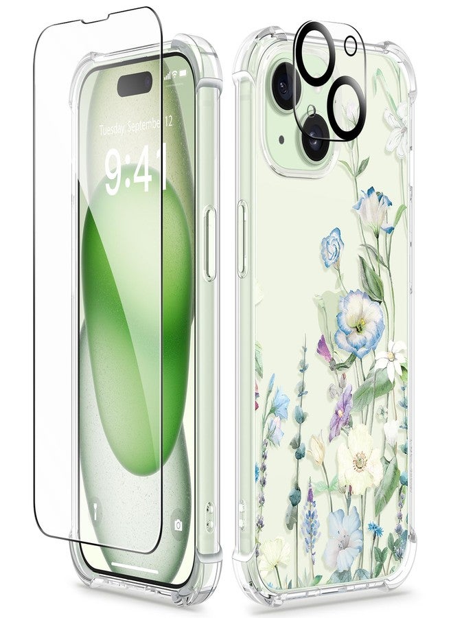 جراب GVIEWIN 3 في 1 مصمم خصيصًا لهاتف iPhone 15 Plus مقاس 6.7 بوصة، مع واقي للشاشة وواقي للكاميرا، بتصميم زهرة شفافة [لا يصفر لونه]، جراب نحيف مقاوم للصدمات. - Image 1