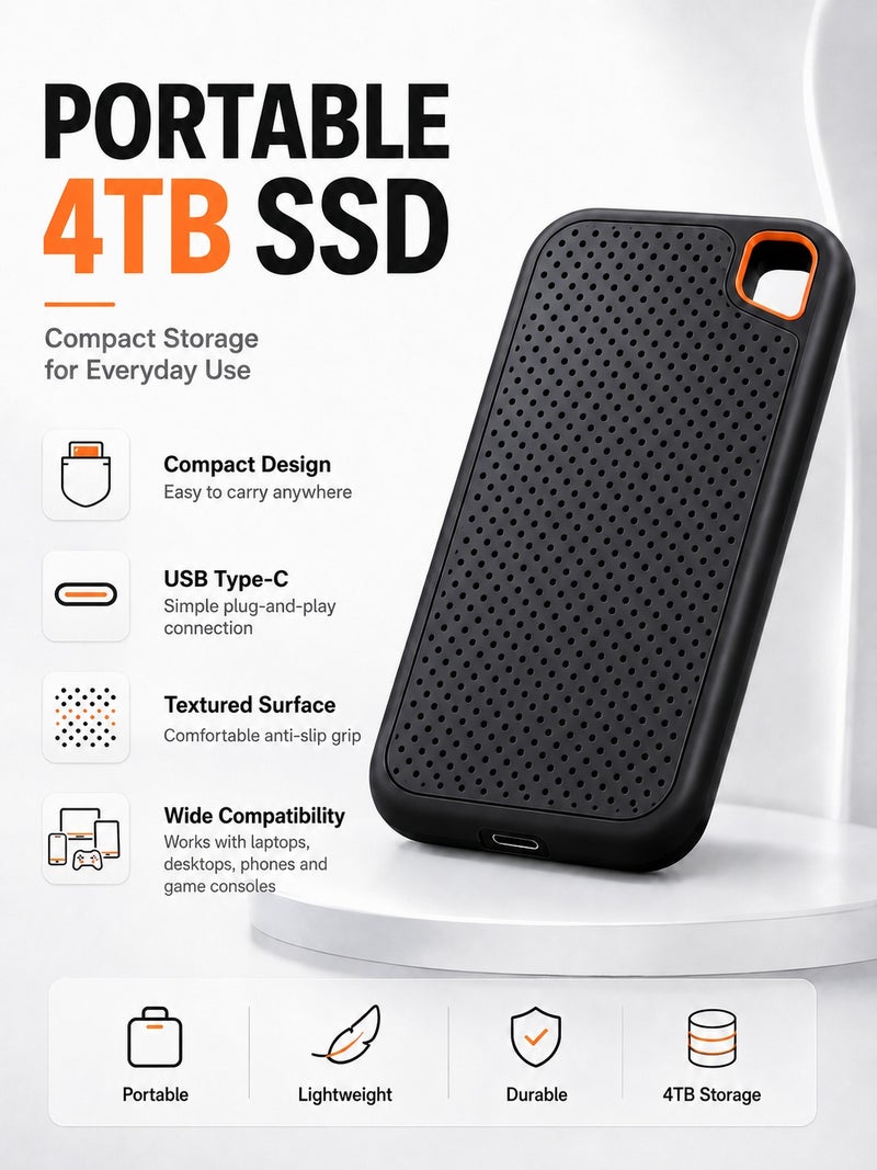 محرك أقراص SSD خارجي محمول بسعات 1 تيرابايت و2 تيرابايت و4 تيرابايت عالي السرعة USB 3.1 Type-C بتصميم مدمج للتخزين متوافق مع الهواتف وأجهزة الكمبيوتر والأجهزة اللوحية وأجهزة التلفزيون الذكية وأجهزة الألعاب - Image 2