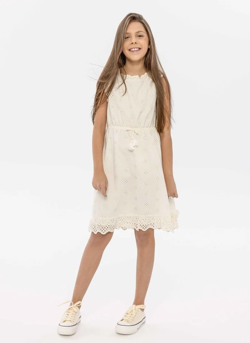 MINOTI Girls White Embroidered Cotton Dress with Ruffle Sleeves