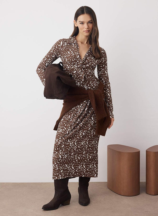 trendyol Brown Printed Gathered / Drape Maxi Knitted Dress - Image 1