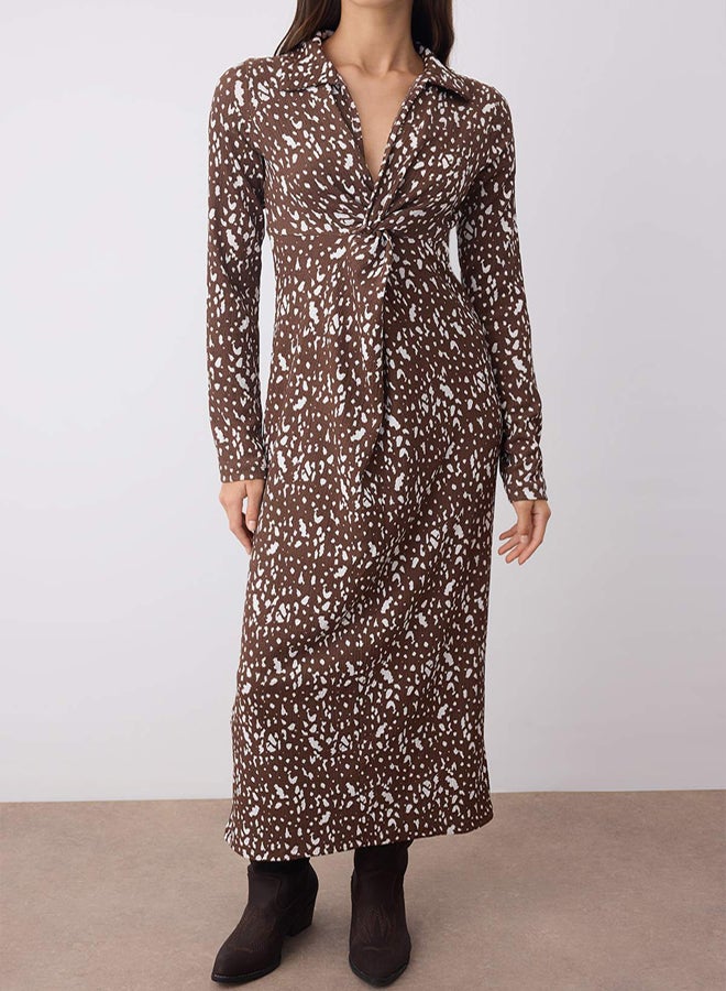 trendyol Brown Printed Gathered / Drape Maxi Knitted Dress - Image 3