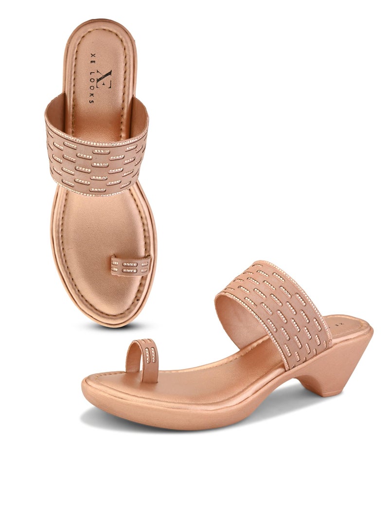 XE Looks Pink Wedge Toe-Ring Sandals for Women | Perforated Pleated Upper Strap with Subtle Stud Embellishments | Cushioned Footbed & Easy Slip-On Mid Wedge Heel | Lightweight All-Day Comfort - Image 1