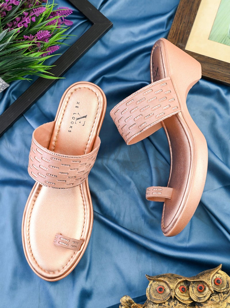 XE Looks Pink Wedge Toe-Ring Sandals for Women | Perforated Pleated Upper Strap with Subtle Stud Embellishments | Cushioned Footbed & Easy Slip-On Mid Wedge Heel | Lightweight All-Day Comfort - Image 2