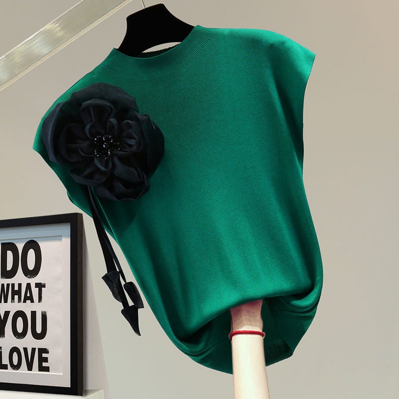 Spot Heavy Industry Flower Beaded Sleeveless T-Shirt 2023 Summer Korean Version Slim Casual Easiest for Match Ice Silk Sweater Trendy - Image 2