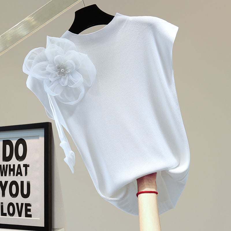 Spot Heavy Industry Flower Beaded Sleeveless T-Shirt 2023 Summer Korean Version Slim Casual Easiest for Match Ice Silk Sweater Trendy - Image 4